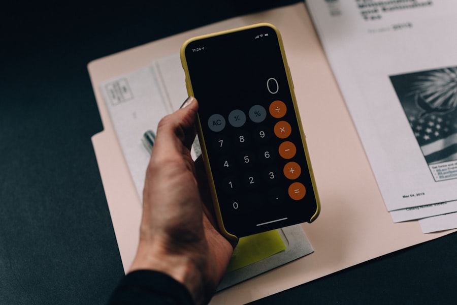 A finance workspace with invoices and a calculator.